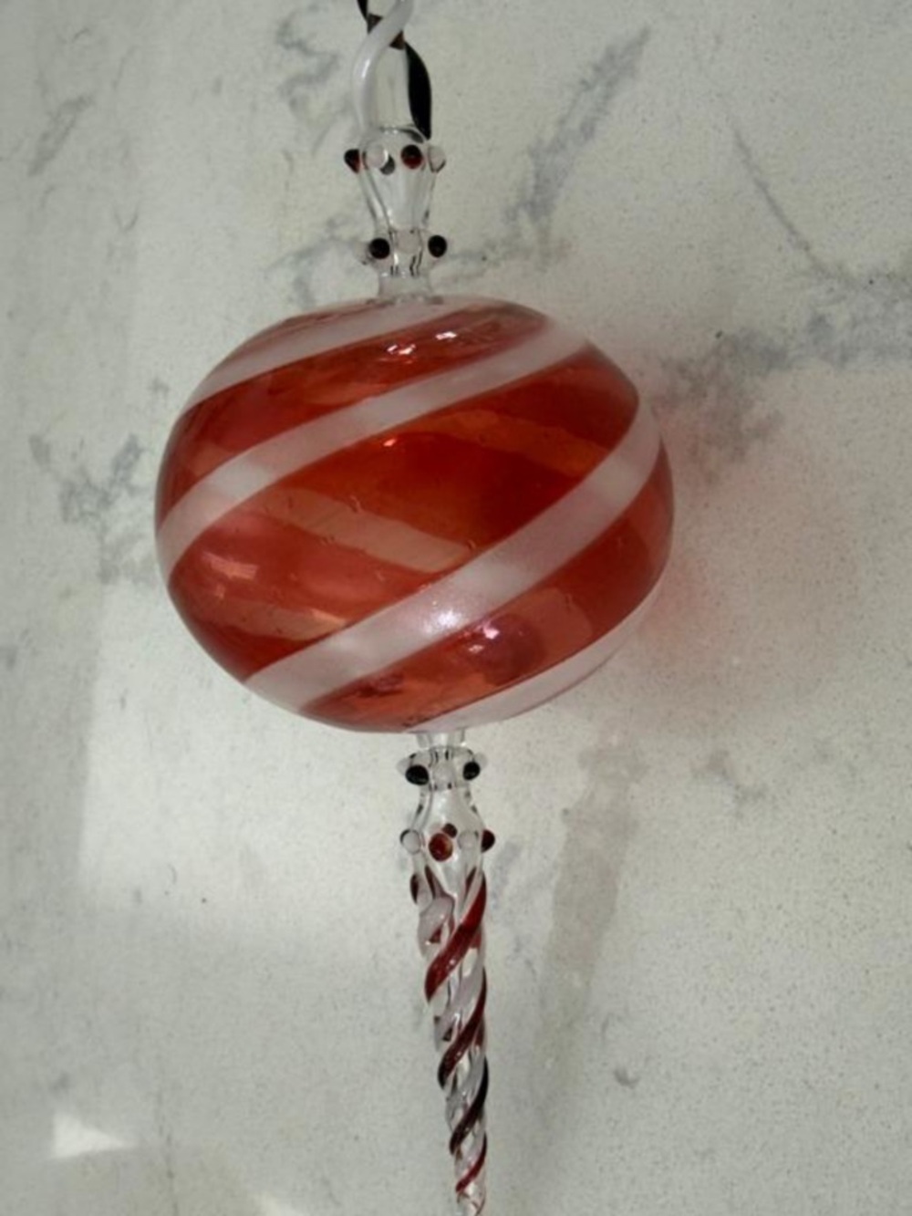 Hand Blown Art Glass Christmas Finial Ornament | 10" | Peppermint Red & White